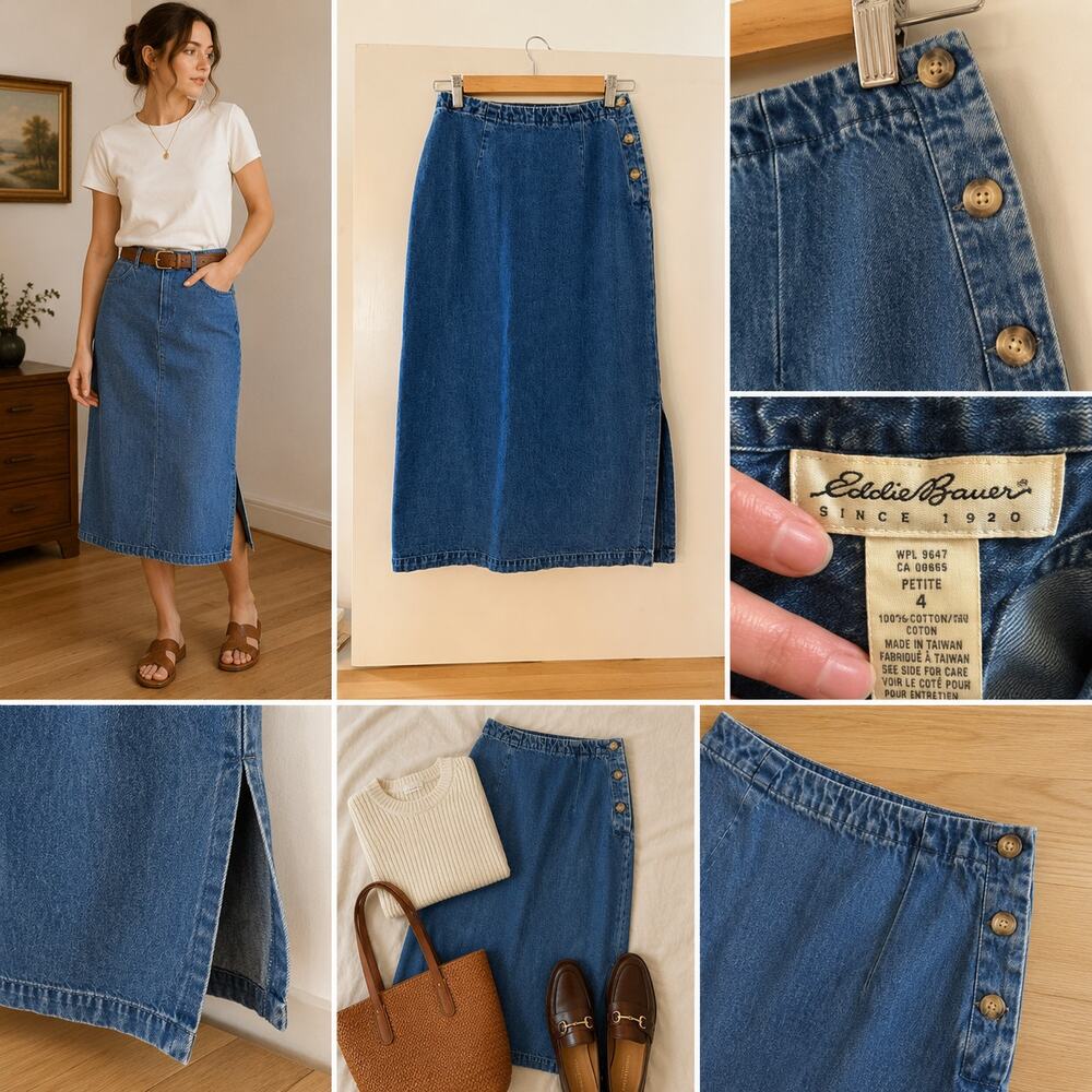 Vintage‎ Eddie Bauer Denim Midi Skirt Button Detail Side Slit 90s Minimal ✨